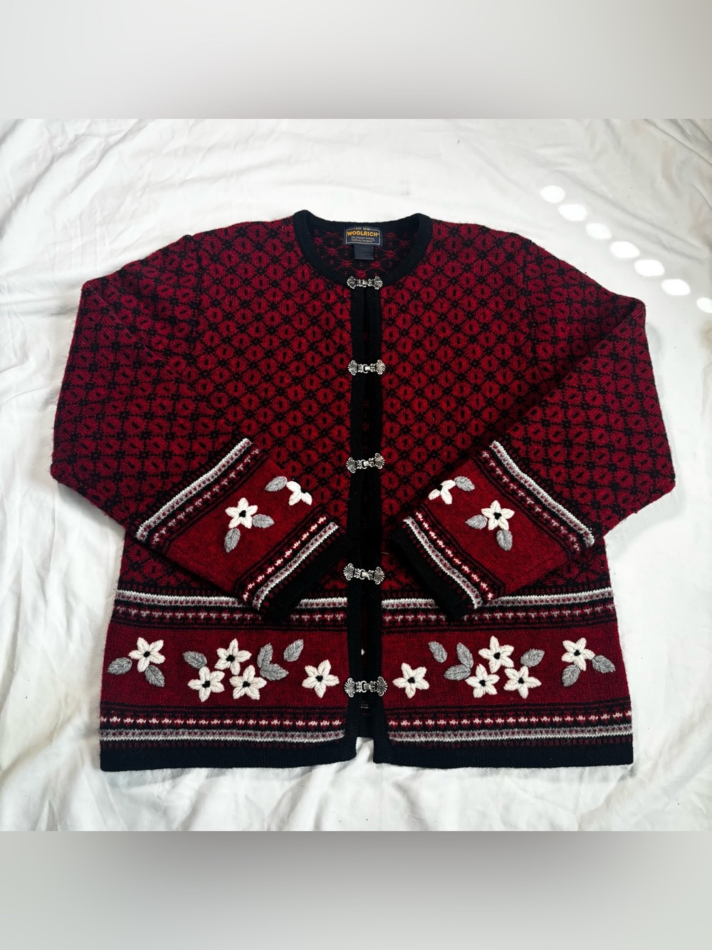 Vtg 90s Woolrich Cardigan Sweater Womens M Red Fair Isle Wool Nordic Cabincore